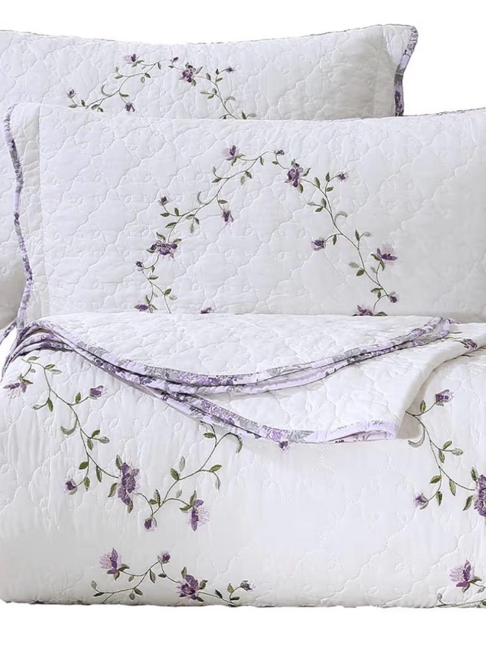 White Quilted Floral Quilt Set with Purple Embroidery